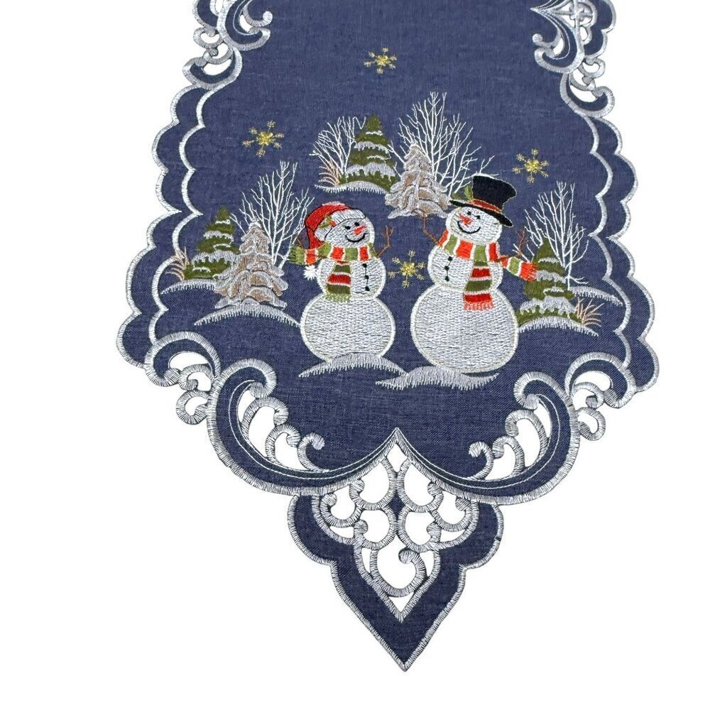 Christmas Table Runner Holiday Snowmen Blue 67" Long Embroidered